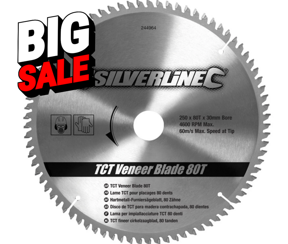 Silverline - TCT fineer cirkelzaagblad, 80 tanden, 250 x 30 - 25, 20 en 16 mm ringen